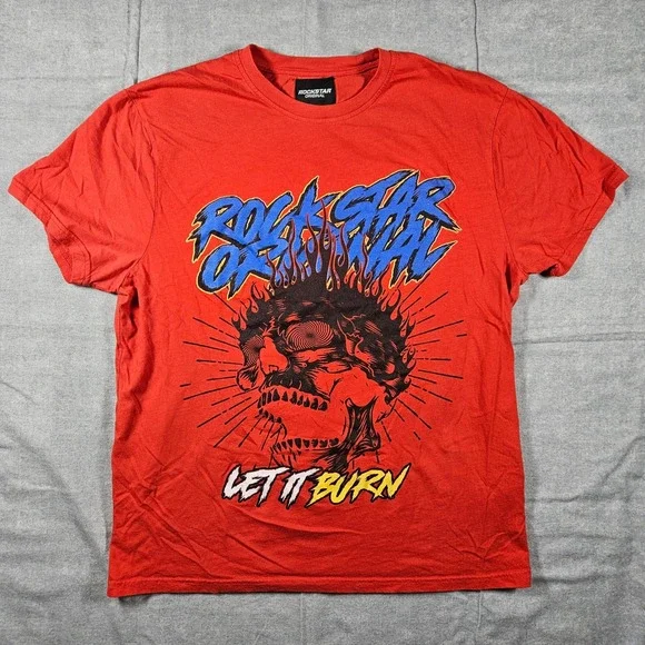 Rockstar Original Mens Red Orange Let It Burn Skull Graphic T-Shirt Medium - Picture 1 of 4